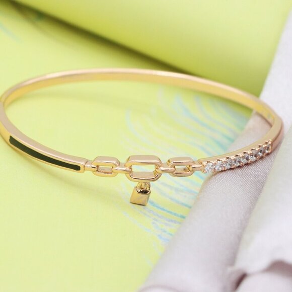 Elegant Rose Gold Bangle with Diamond Accents and Chain Link Charm, XPBL0459 - Picture 3 of 11